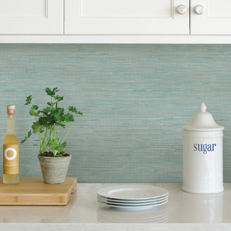 NuWallpaper NUS3337 Tibetan Faux Grasscloth Teal Peel & Stick Wallpaper, Blue - Image 3